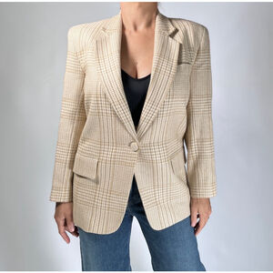 TALBOTS Plaid Wool Silk Blend Jacket Blazer Cream White Brown Size 4